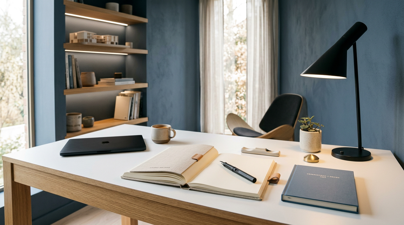 A modern studio workspace setup with notebooks and clean slate lighting