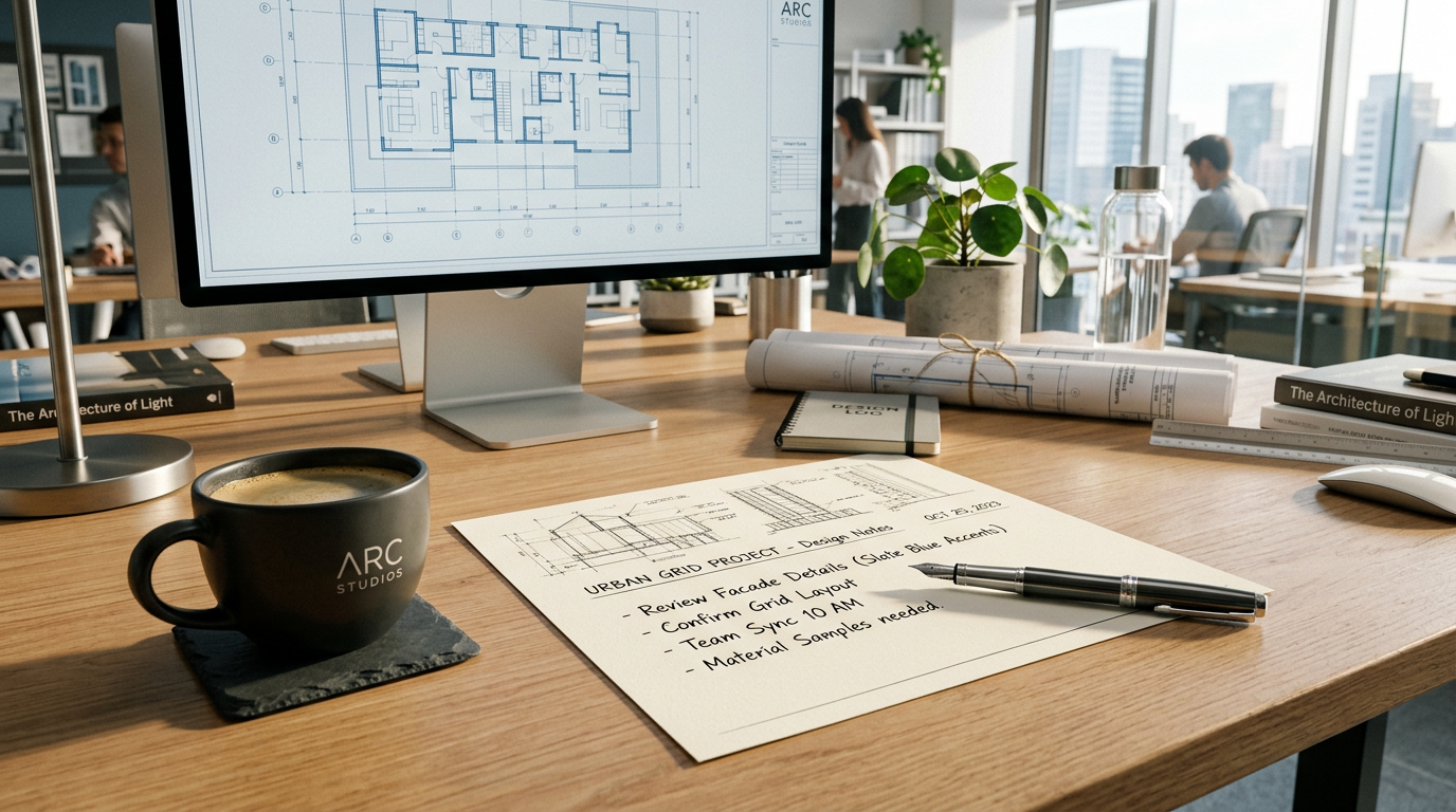 A clean desk layout with notebook, coffee cup, and slate blue tones